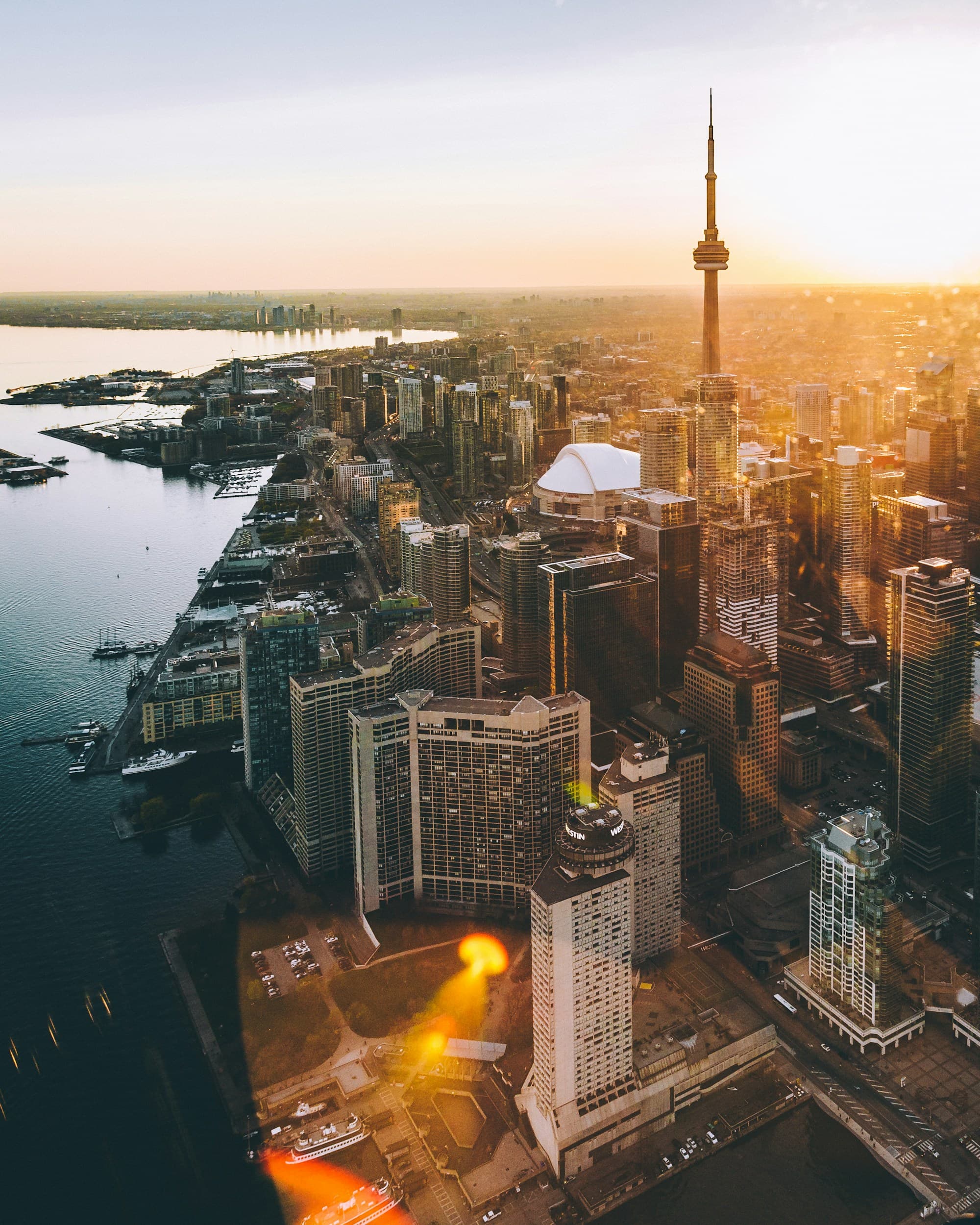 Toronto skyline at golden hour with the CN Tower